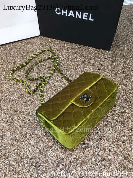 Chanel mini Classic Flap Bag Original Green Velvet Leather A1116 Silver