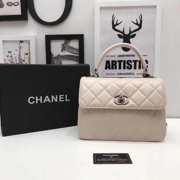 Chanel Classic Top Handle Bag Apricot Sheepskin Leather A92991 Silver