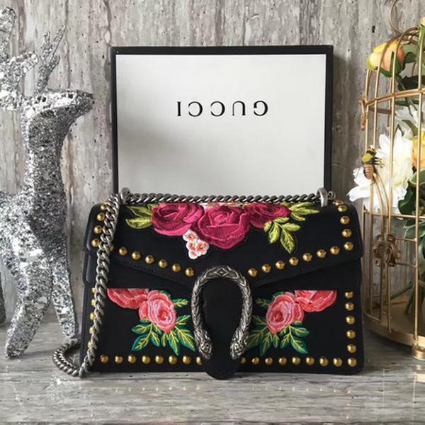 Gucci Dionysus Embroidered Leather Shoulder Bag 400249 Black Rose