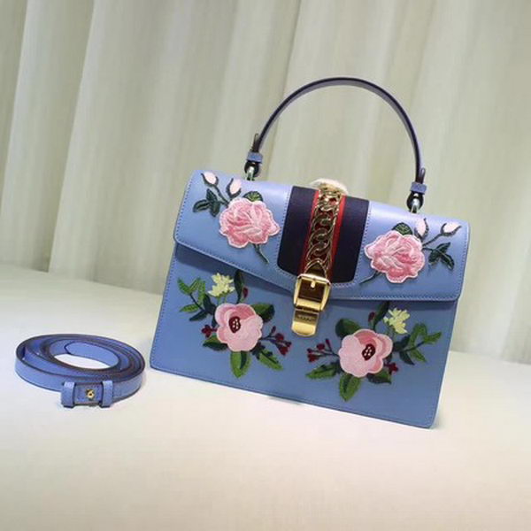 Gucci Sylvie Embroidered Leather Top Handle Bag 431665 Blue