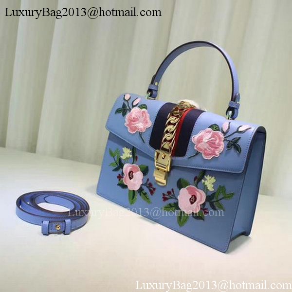 Gucci Sylvie Embroidered Leather Top Handle Bag 431665 Blue