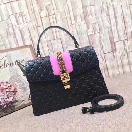 Gucci Sylvie Leather Top Handle Bag 431665 Black&Rose