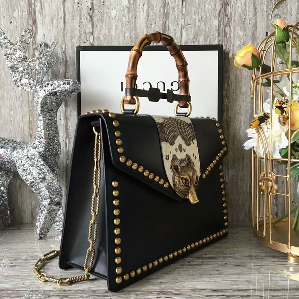 Gucci Fox Bamboo Top Handle Bag 466434 Black