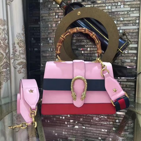 Gucci Now Bamboo Smooth Leather Top Handle Bag 448075 Pink&Blue&Red