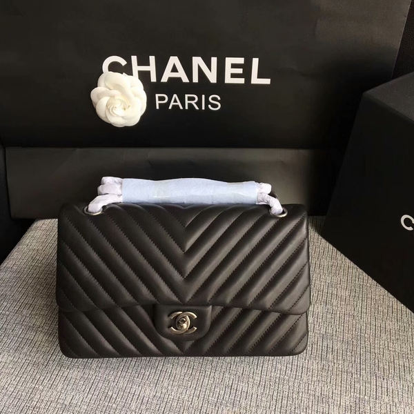 Chanel Flap Shoulder Bags Black Original Sheepskin CF1112 Silver