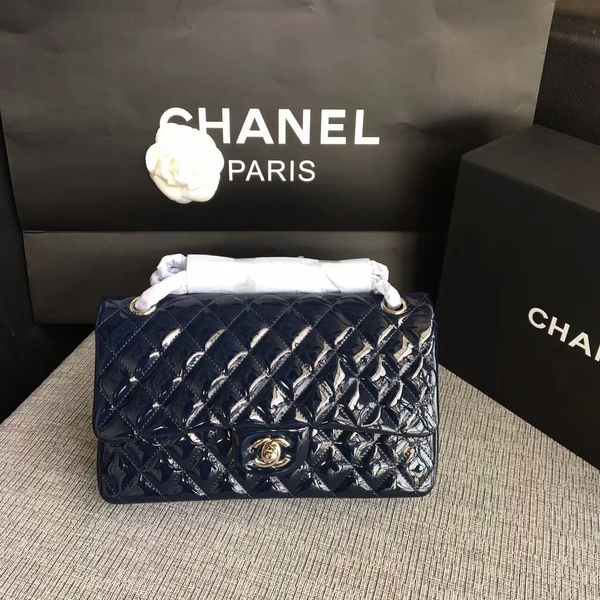 Chanel Flap Shoulder Bags Dark Blue Original Patent Leather CF1112 Silver