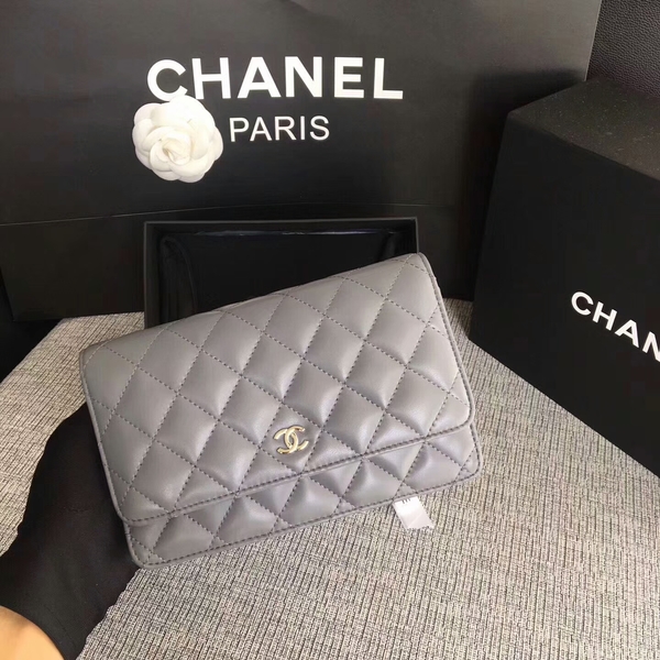 Chanel WOC Flap Bag Grey Original Sheepskin Leather 33814 Silver