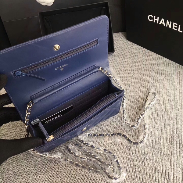 Chanel WOC Flap Bag Dark Blue Original Sheepskin Leather 33814 Silver