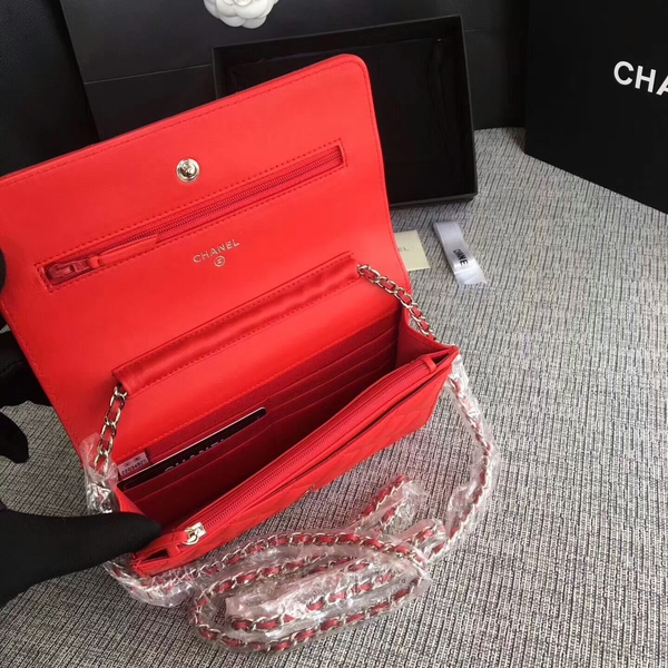 Chanel WOC Flap Bag Red Original Sheepskin Leather 33814 Silver