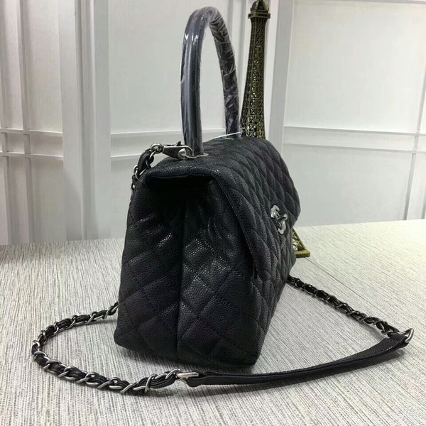 Chanel Caviar Leather Black Top Handle Bag 92991 Silver