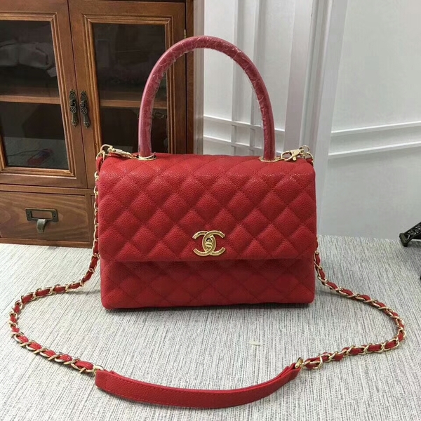 Chanel Caviar Leather Red Top Handle Bag 92991 Glod