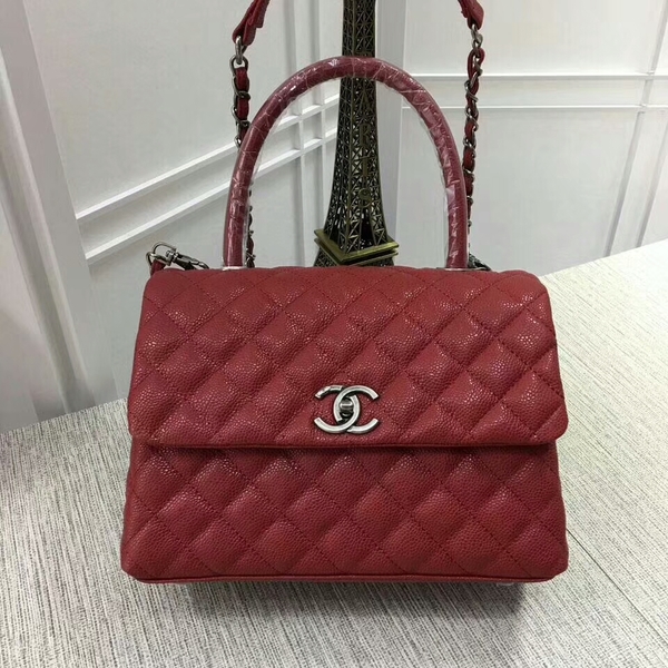 Chanel Caviar Leather Red Top Handle Bag 92991 Silver