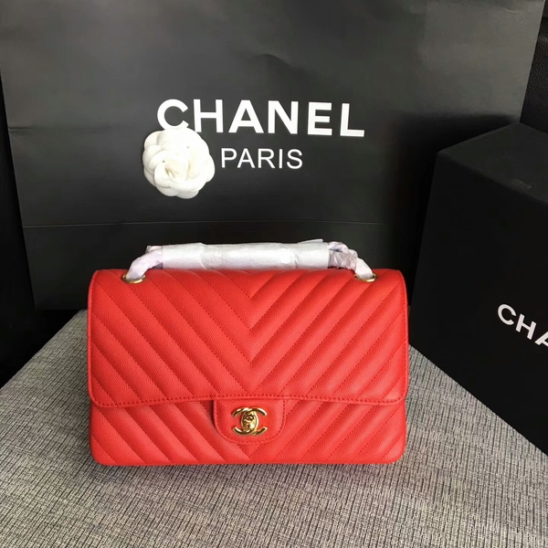 Chanel Flap Shoulder Bags Red Original Calfskin Leather CF1112 Glod