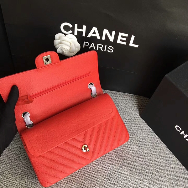 Chanel Flap Shoulder Bags Red Original Calfskin Leather CF1112 Silver