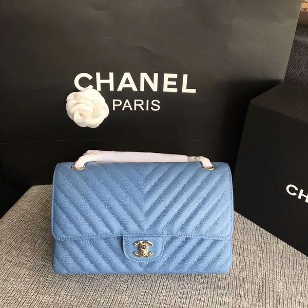 Chanel Flap Shoulder Bags Skyblue Original Calfskin Leather CF1112 Silver