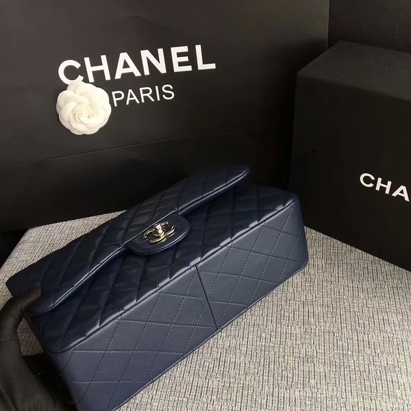 Chanel Flap Shoulder Bags Dark Blue Original Lambskin Leather CF1113 Silver