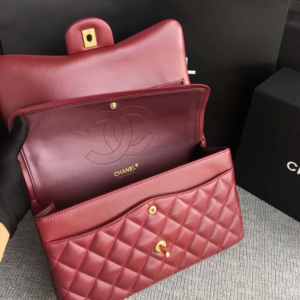 Chanel Flap Shoulder Bags Dark Red Original Lambskin Leather CF1113 Glod