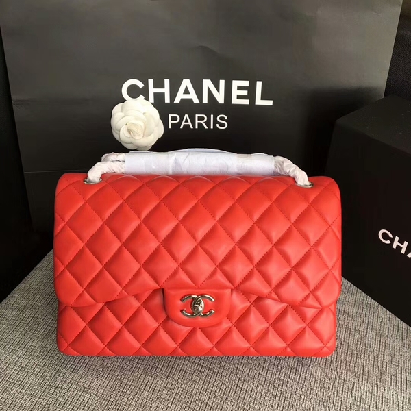 Chanel Flap Shoulder Bags Red Original Lambskin Leather CF1113 Silver