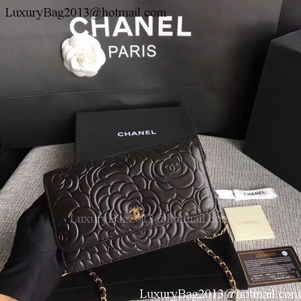 Chanel WOC Black Camellia Leather mini Flap Bag A33814 Gold