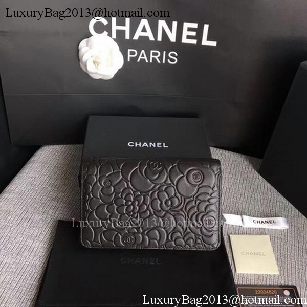 Chanel WOC Black Camellia Leather mini Flap Bag A33814 Gold