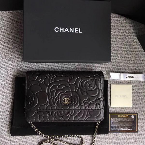 Chanel WOC Black Camellia Leather mini Flap Bag A33814 Silver