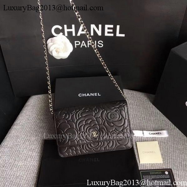 Chanel WOC Black Camellia Leather mini Flap Bag A33814 Silver