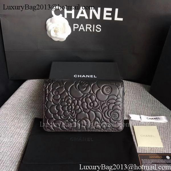 Chanel WOC Black Camellia Leather mini Flap Bag A33814 Silver