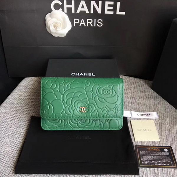 Chanel WOC Green Camellia Leather mini Flap Bag A33814 Silver