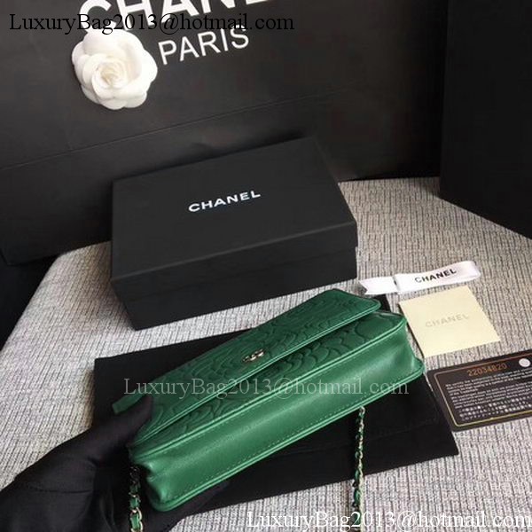 Chanel WOC Green Camellia Leather mini Flap Bag A33814 Silver