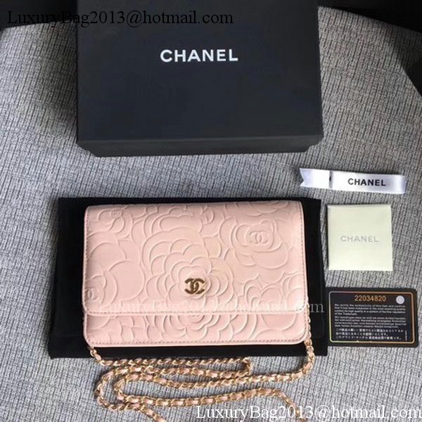 Chanel WOC Pink Camellia Leather mini Flap Bag A33814 Gold