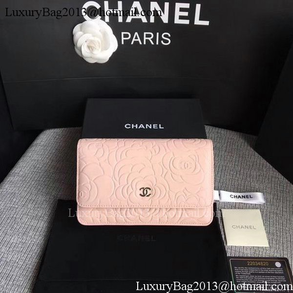 Chanel WOC Pink Camellia Leather mini Flap Bag A33814 Silver