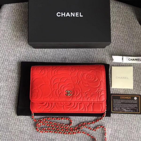 Chanel WOC Red Camellia Leather mini Flap Bag A33814 Silver