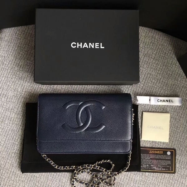 Chanel WOC Original Calfskin Leather Dark Blue Shoulder Bag 33814 Silver