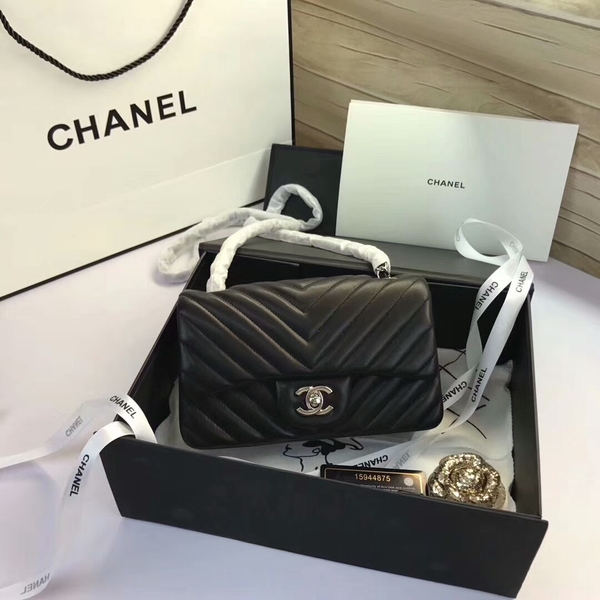 Chanel Classic Flap Bags Black Original Sheepskin Leather 1116 Silver