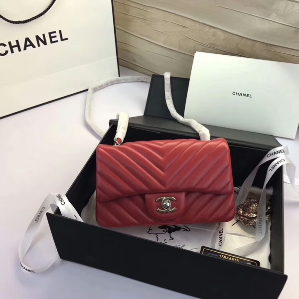 Chanel Classic Flap Bags Red Original Sheepskin Leather 1116 Silver