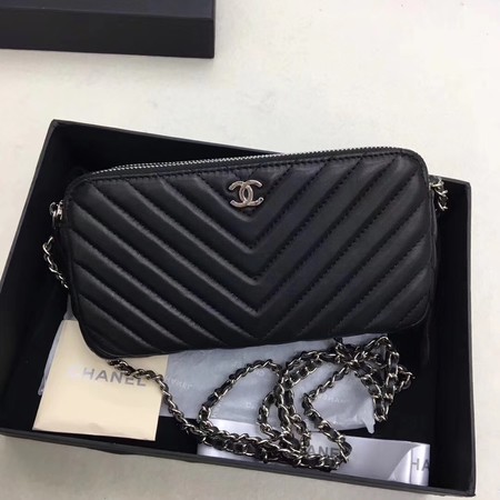 Chanel Shoulder Bag Black Sheepskin Leather V6845 Silver