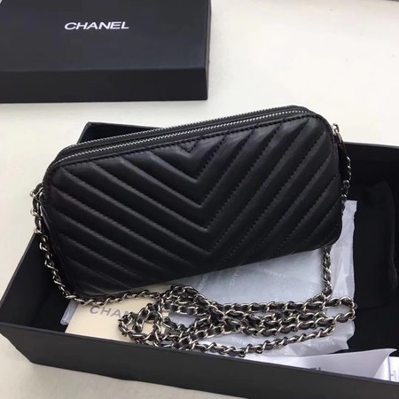 Chanel Shoulder Bag Black Sheepskin Leather V6845 Silver