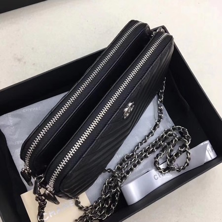 Chanel Shoulder Bag Black Sheepskin Leather V6845 Silver