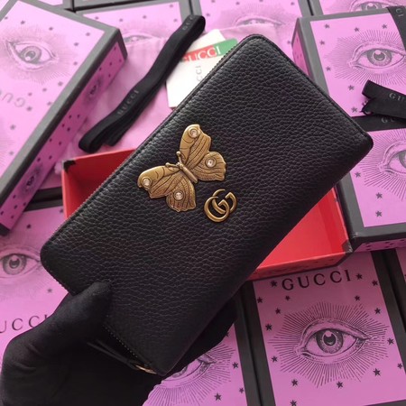 Gucci Leather Zip Around Wallet with Butterfly ‎499363 Black