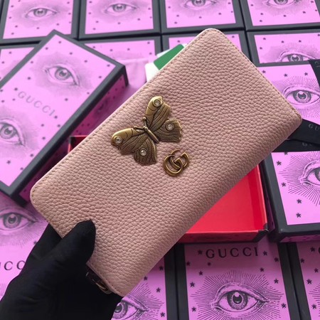 Gucci Leather Zip Around Wallet with Butterfly ‎499363 Pink