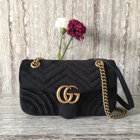 Gucci 443497 GG Marmont Chevron Velvet Shoulder Bag Black