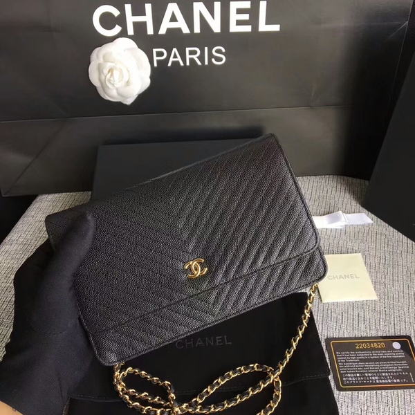 Chanel WOC Flap Shoulder Bag Black Calfskin A33814 Gold