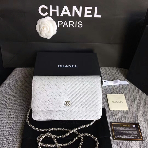 Chanel WOC Flap Shoulder Bag White Calfskin A33814 Silver