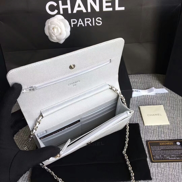 Chanel WOC Flap Shoulder Bag White Calfskin A33814 Silver