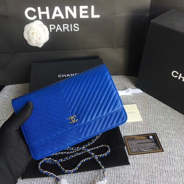 Chanel WOC Flap Shoulder Bag Blue Calfskin Leather A33814 Silver