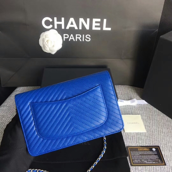 Chanel WOC Flap Shoulder Bag Blue Calfskin Leather A33814 Silver