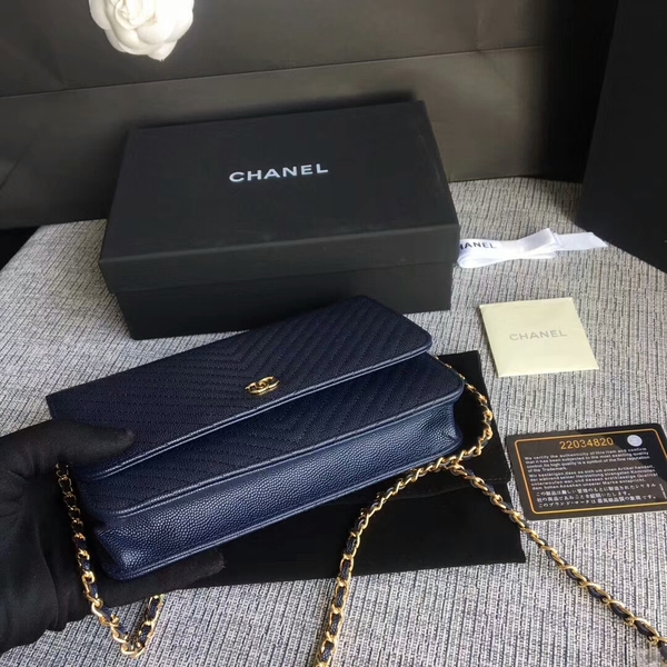 Chanel WOC Flap Shoulder Bag Dark Blue Calfskin Leather A33814 Gold