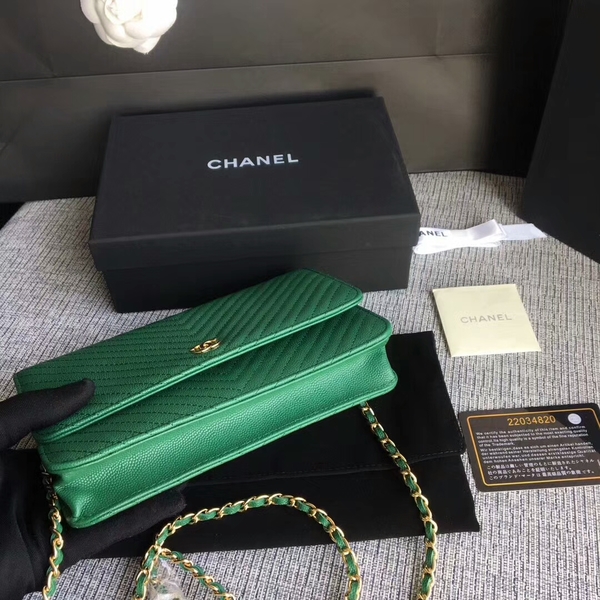 Chanel WOC Flap Shoulder Bag Green Calfskin Leather A33814 Gold