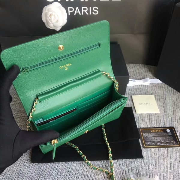 Chanel WOC Flap Shoulder Bag Green Calfskin Leather A33814 Gold