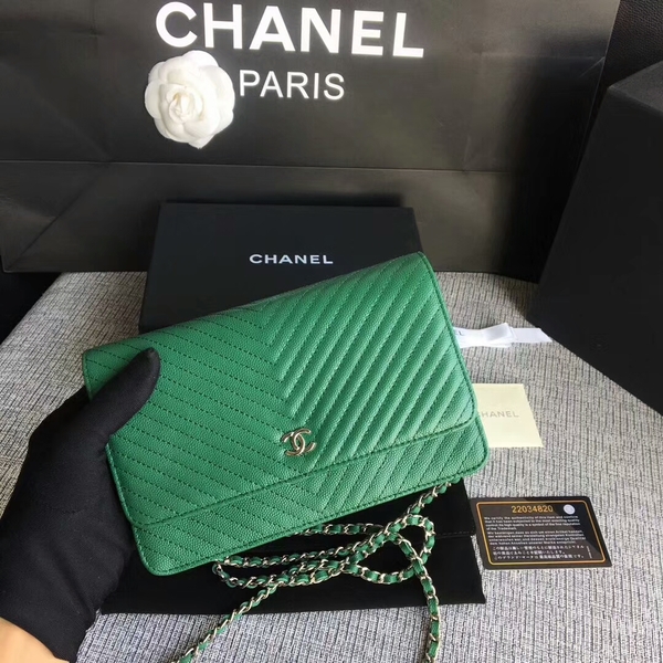 Chanel WOC Flap Shoulder Bag Green Calfskin Leather A33814 Silver